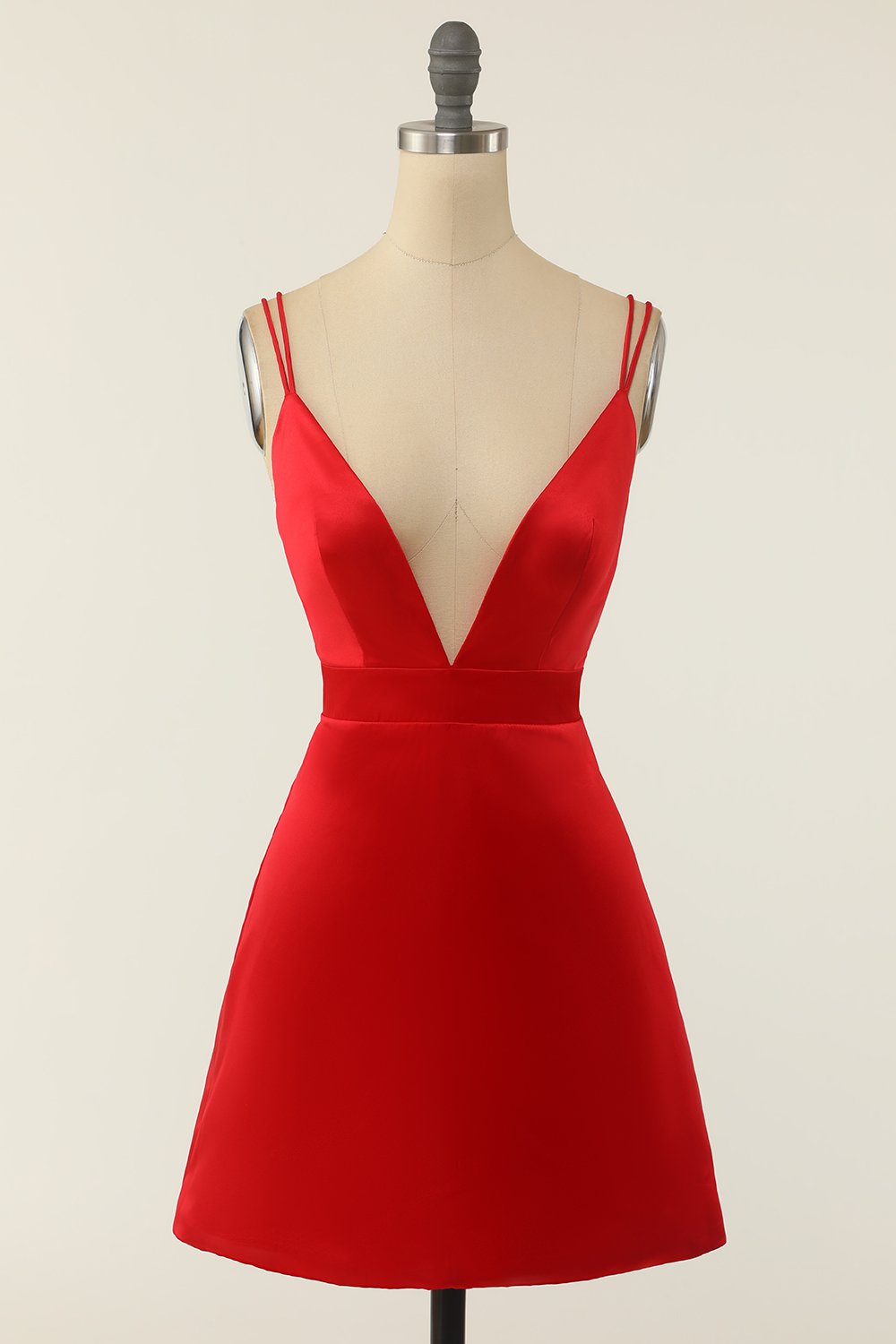 Red Satin V-neck Cocktail Dress