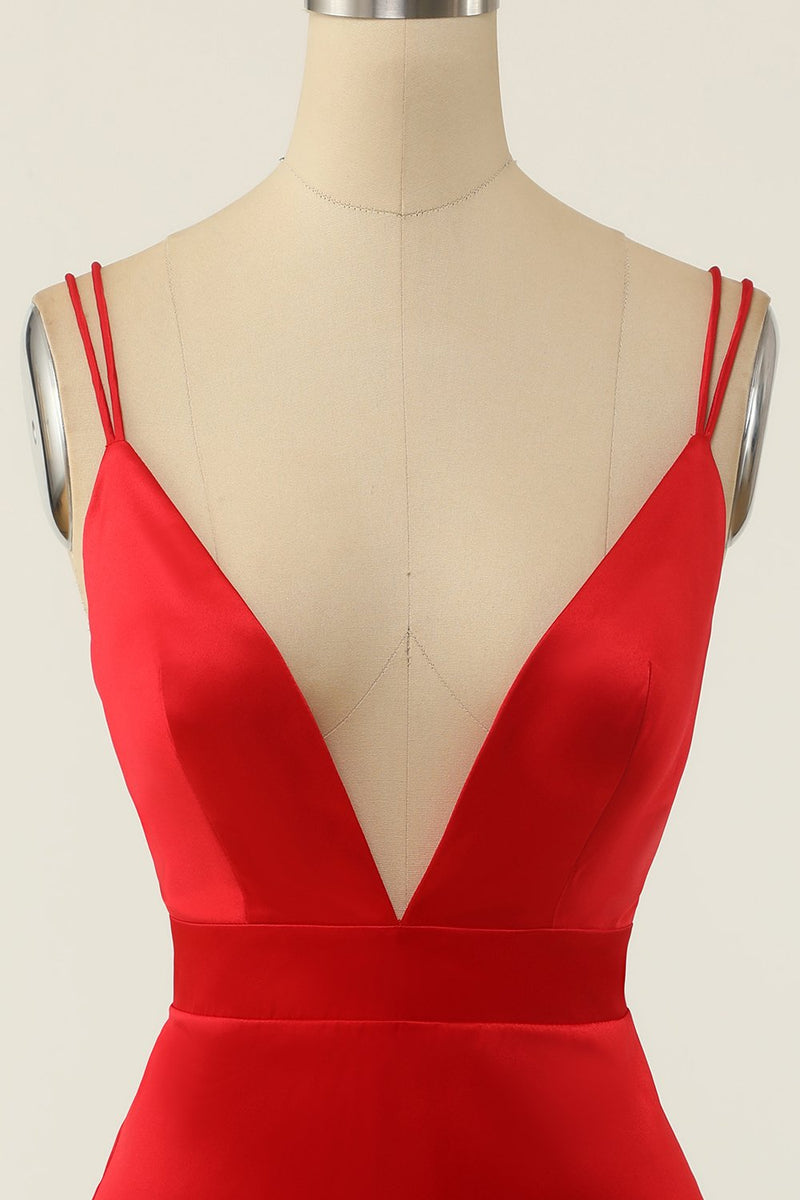 Load image into Gallery viewer, Red Satin V-neck Cocktail Dress