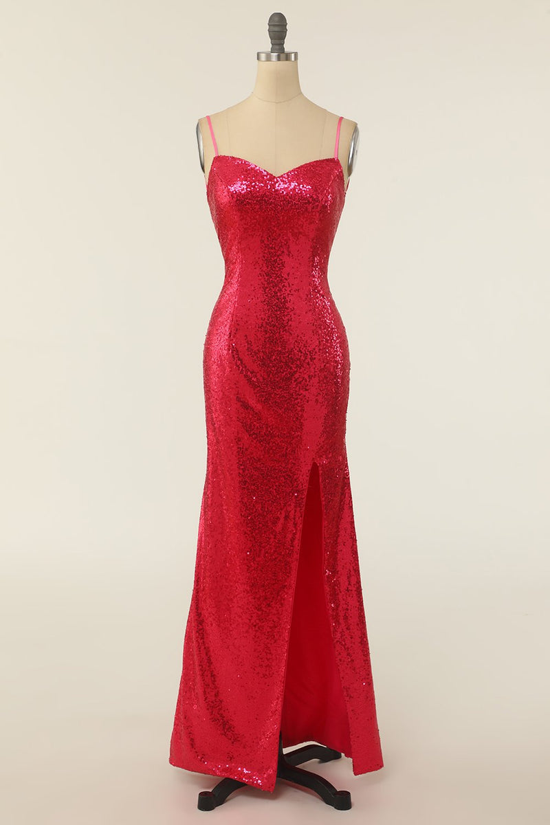 Load image into Gallery viewer, Sheath Spaghetti Straps Fuchsia Sequins Party Dress