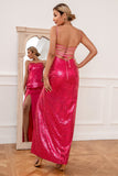 Fuchsia Sequins Prom Dress with Slit