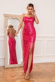 Fuchsia Sequins Prom Dress with Slit