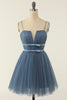 Load image into Gallery viewer, A Line Spaghetti Straps Blue Grey Short Graduation Dress