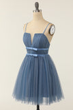 A Line Spaghetti Straps Blue Grey Short Graduation Dress