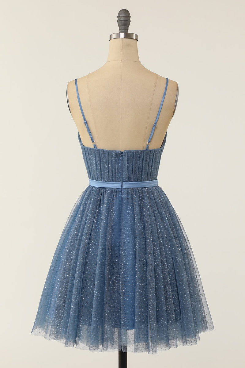 Load image into Gallery viewer, A Line Spaghetti Straps Blue Grey Short Graduation Dress