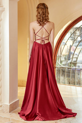 ZAPAKA Women Simple Prom Dress Burgundy Spaghetti Straps Satin Formal Dress  – Zapaka CA