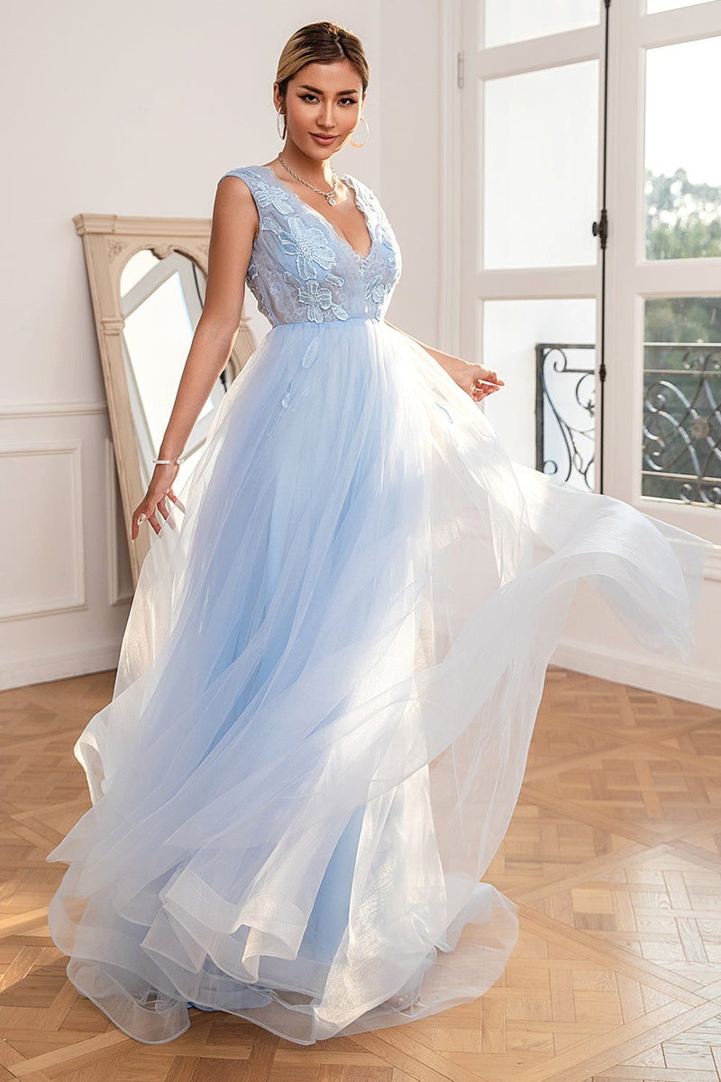 Load image into Gallery viewer, Light Blue Backless Long Prom Dress with Appliques