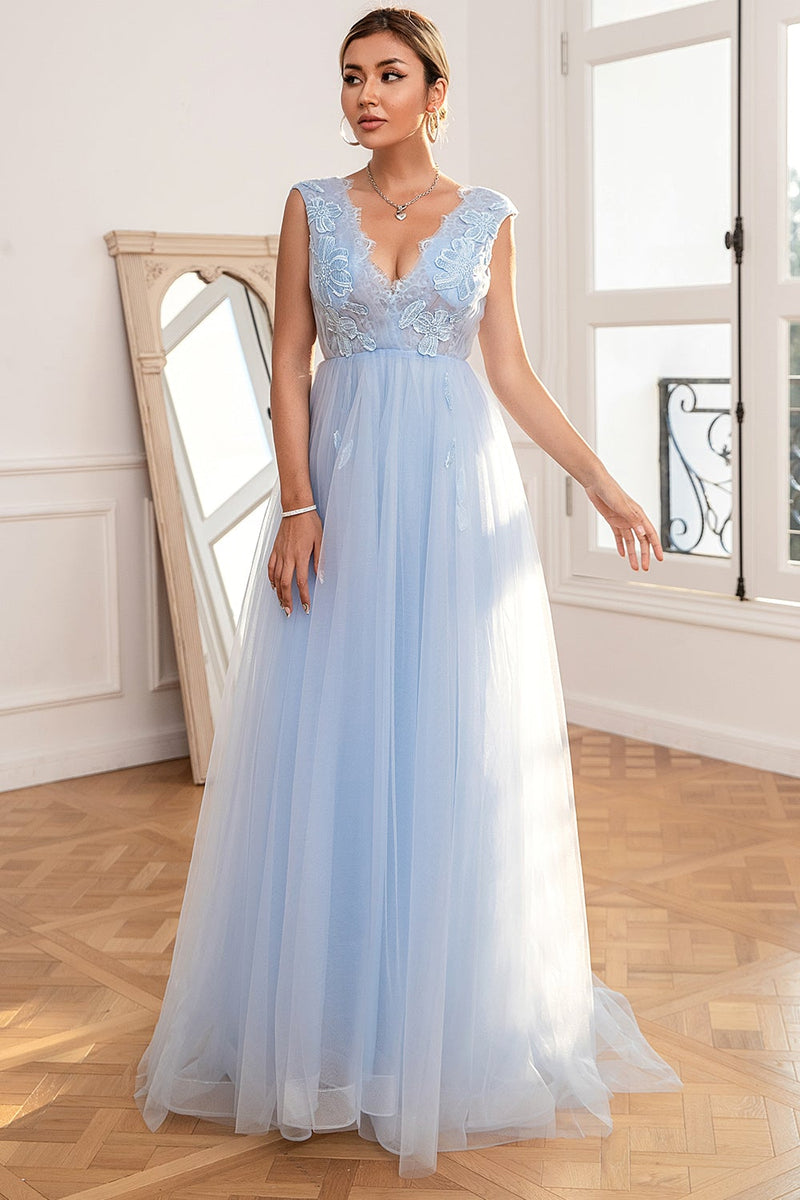 Load image into Gallery viewer, Light Blue Backless Long Prom Dress with Appliques
