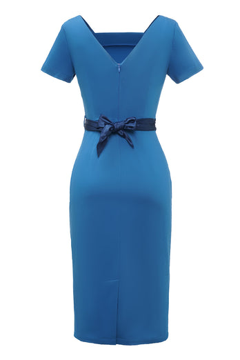 Blue 1960s Bodycon Dress wth Bowknot