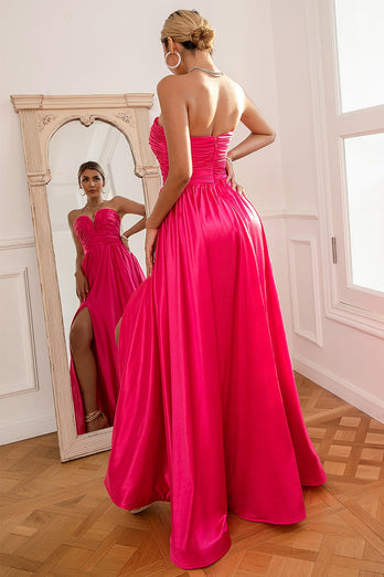 Fuchsia Strapless Prom Dress with Slit