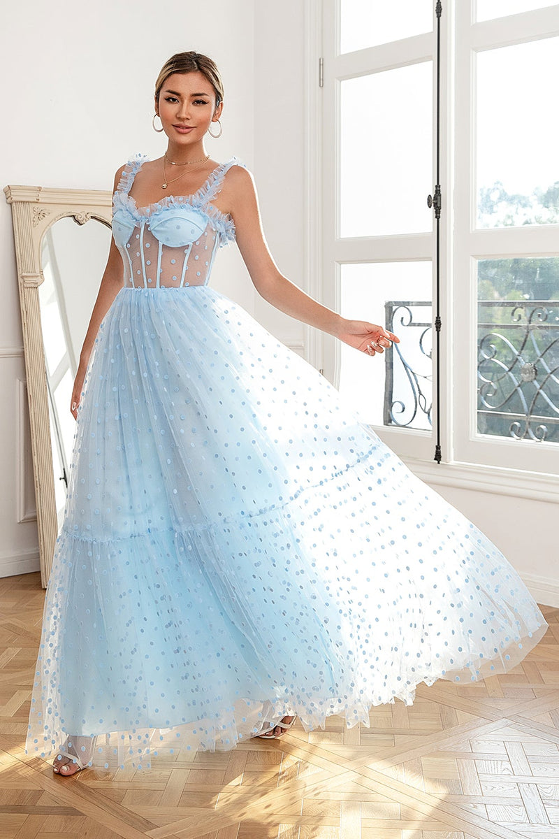 Load image into Gallery viewer, Sky Blue Polka Dots Tulle Prom Dress