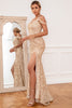 Load image into Gallery viewer, Sheath Off the Shoulder Champagne Sequins Party Dress with Split Front
