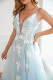 Light Blue Appliques Tulle Prom Dress