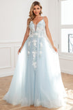 Light Blue Appliques Tulle Prom Dress