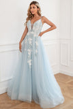 Light Blue Appliques Tulle Prom Dress