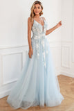 Light Blue Appliques Tulle Prom Dress