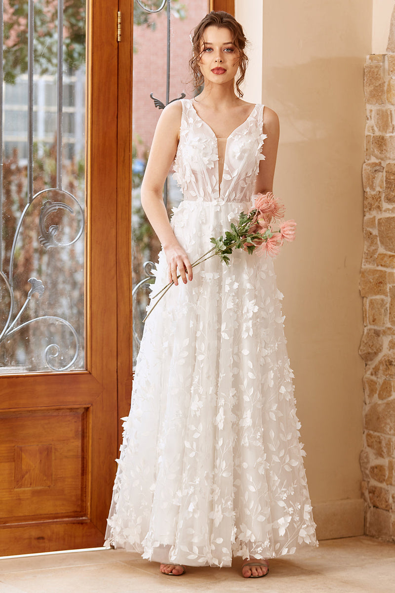 Load image into Gallery viewer, White Appliques Tulle Wedding Dress