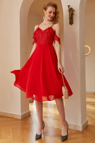Cute Off the Shoulder Midi Red Lace Dress