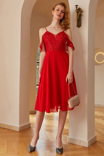 Cute Off the Shoulder Midi Red Lace Dress