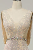 Sheath Deep V Neck Champagne Sequins Long Prom Dress with Split Front