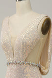 Sheath Deep V Neck Champagne Sequins Long Prom Dress with Split Front