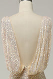 Sheath Deep V Neck Champagne Sequins Long Prom Dress with Split Front