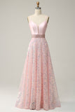 A Line Spaghetti Straps Pink Long Prom Dress with Beading