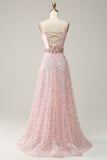 A Line Spaghetti Straps Pink Long Prom Dress with Beading