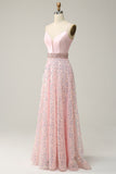 A Line Spaghetti Straps Pink Long Prom Dress with Beading