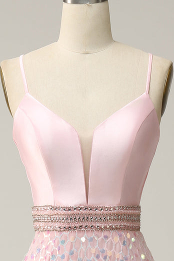 A Line Spaghetti Straps Pink Long Prom Dress with Beading