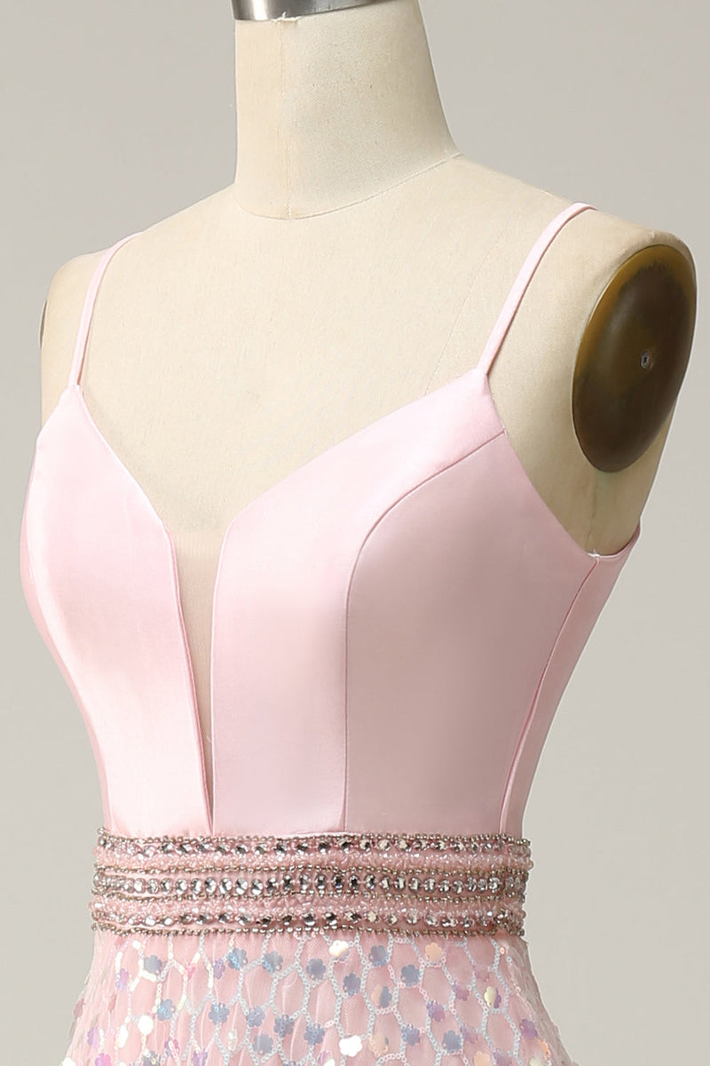 Load image into Gallery viewer, A Line Spaghetti Straps Pink Long Prom Dress with Beading