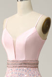 A Line Spaghetti Straps Pink Long Prom Dress with Beading