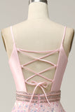 A Line Spaghetti Straps Pink Long Prom Dress with Beading