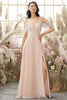 Load image into Gallery viewer, Pink Off Shoulder A line Bridesmaid Dress