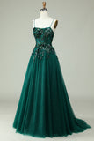 A Line Spaghetti Straps Dark Green Corset Prom Dress with Appliques