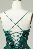 A Line Spaghetti Straps Dark Green Corset Prom Dress with Appliques