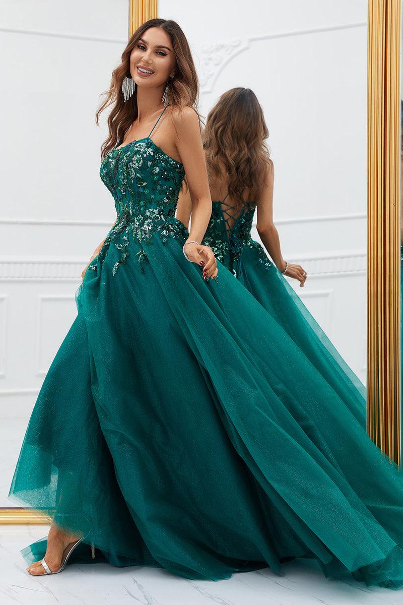 Load image into Gallery viewer, Sparkly Dark Green Tulle Long Prom Dress with Appliques