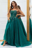 Sparkly Dark Green Tulle Long Prom Dress with Appliques