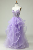 A Line Spaghetti Straps Purple Long Prom Dress with Appliques