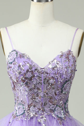 A Line Spaghetti Straps Purple Long Prom Dress with Appliques