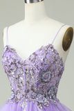 A Line Spaghetti Straps Purple Long Prom Dress with Appliques