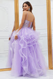 Glitter Purple Ruffled Corset Long Prom Dress with Lace