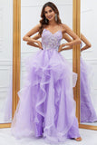 Glitter Purple Ruffled Corset Long Prom Dress with Lace