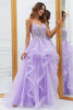 Load image into Gallery viewer, Glitter Purple Ruffled Corset Long Prom Dress with Lace