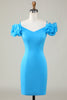 Load image into Gallery viewer, Bodycon Off the Shoulder Blue Short Graduation Dress with Ruffles