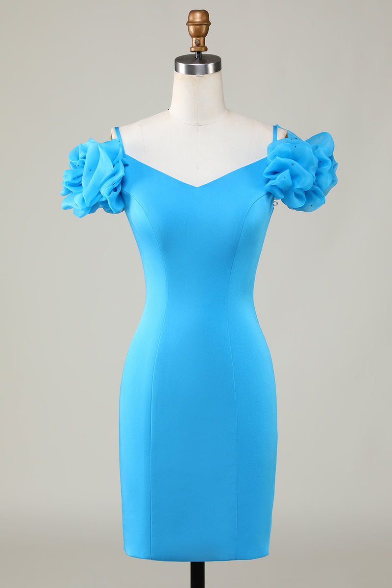 Load image into Gallery viewer, Bodycon Off the Shoulder Blue Short Graduation Dress with Ruffles