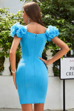 Simple Blue Off the Shoulder Tight Graduation Dress with Ruffles