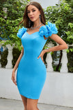 Simple Blue Off the Shoulder Tight Graduation Dress with Ruffles