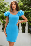 Simple Blue Off the Shoulder Tight Graduation Dress with Ruffles