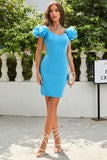 Simple Blue Off the Shoulder Tight Graduation Dress with Ruffles