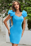 Simple Blue Off the Shoulder Tight Graduation Dress with Ruffles